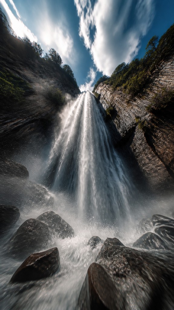 towering waterfall cascading down a cliff — Dramatic Foreshortening Art Style