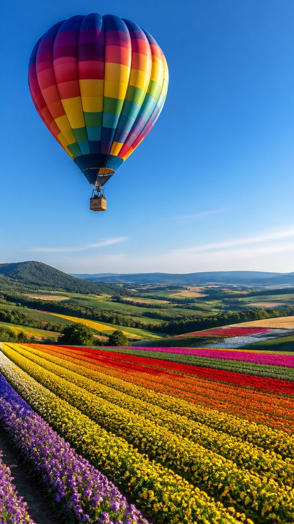 a hot air balloon drifting over rolling flower fields on a sunny day, cheerful, no text — Photorealism Art Style greeting card