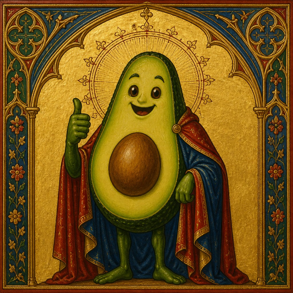 a happy avocado character giving a thumbs up, bold readable design on a plain background, no text — Gothic Art Style sticker