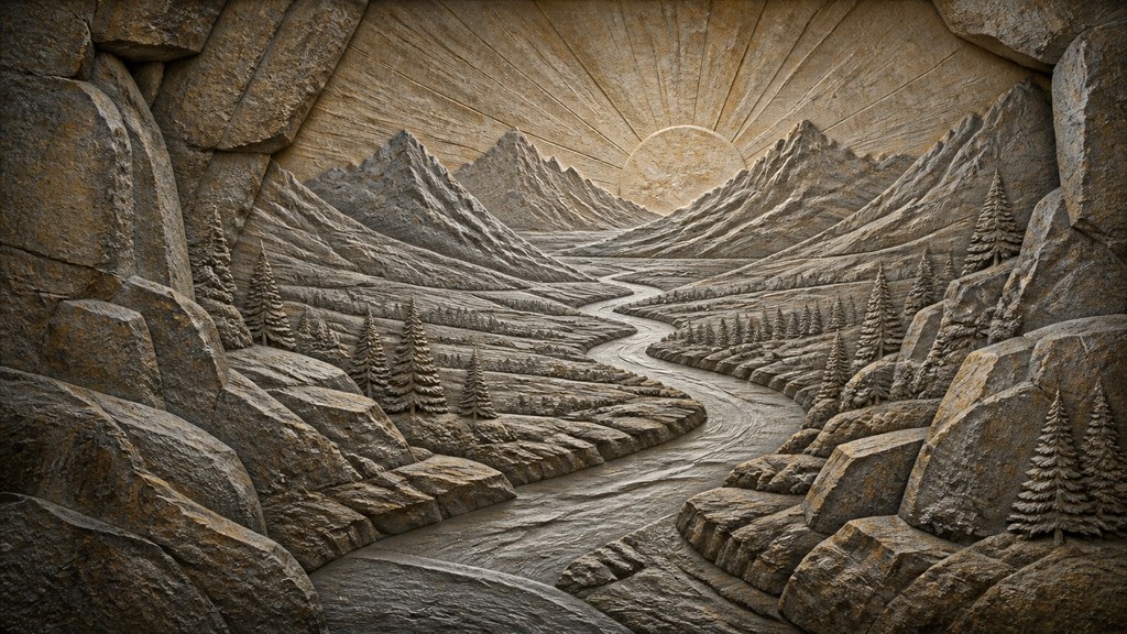 a vast valley with a river winding toward distant mountains at sunrise, no people, no text — Stone Carving Sculpture Art Style desktop wallpaper