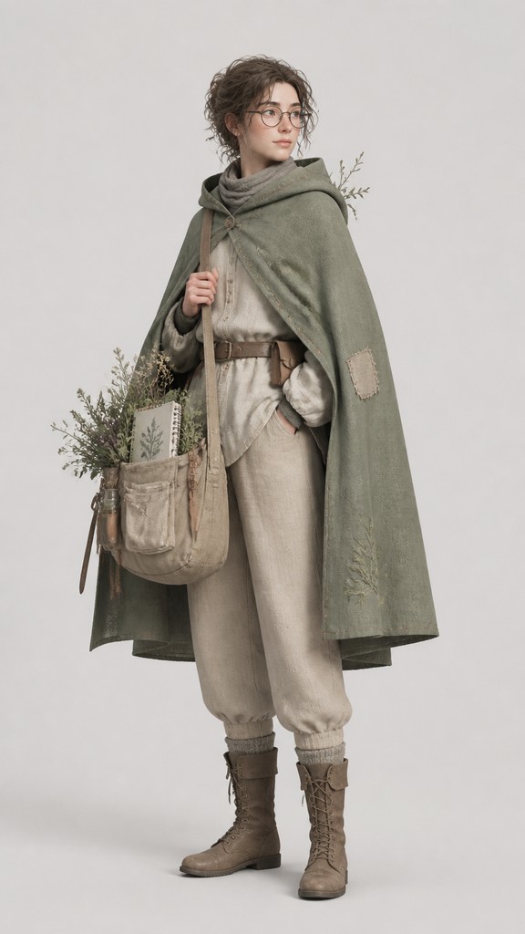 full-body original character: a wandering botanist with a satchel of plants, a patched green cloak, tall boots and round glasses, neutral background — Scandinavian Furniture Art character design
