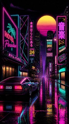 a quiet rainy city street at night reflecting neon signs, no people — 80s Retro Aesthetic wallpaper