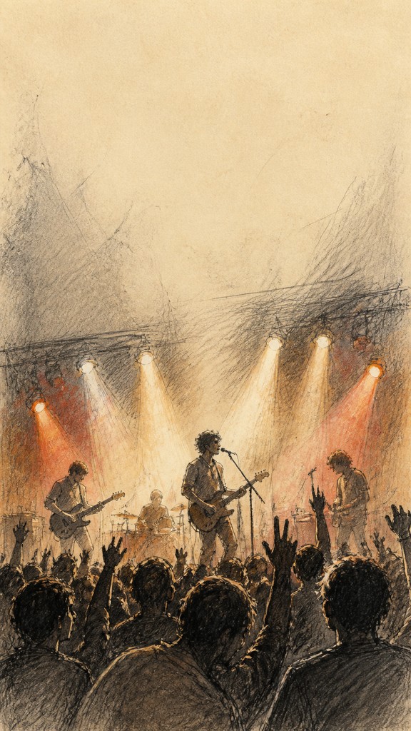 a live music scene with a glowing stage and silhouetted crowd, energetic vertical composition with open space at the top, no text — Hand-Drawn Icon Design flyer