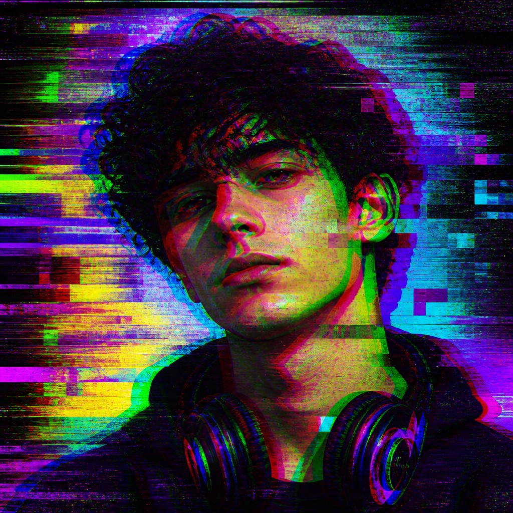 head-and-shoulders portrait of an original character: a young man with curly dark hair and headphones around his neck, plain backdrop, no text — Glitch Digital Art Style Discord profile picture