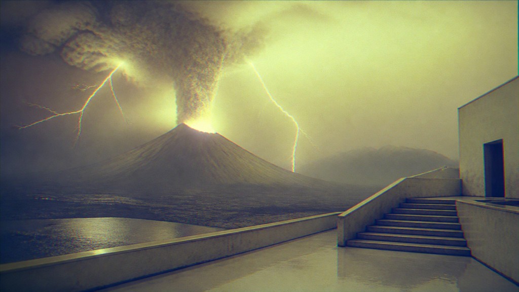 an erupting volcano with lightning strikes, dramatic wide composition, no text — Creepy Liminal Art Style YouTube thumbnail