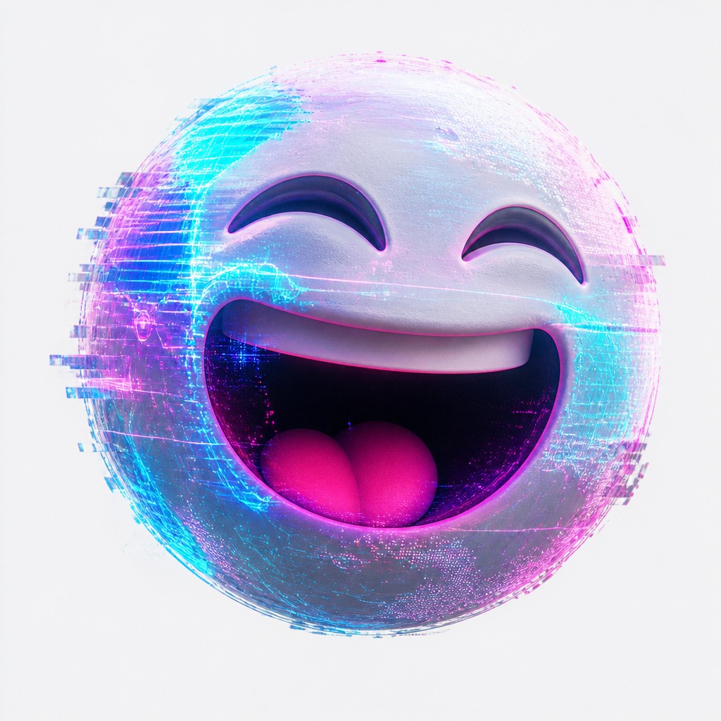 an exaggerated laughing face of an original round mascot character, bold and readable at small size, plain background, no text — Augmented Reality Contemporary Art Style Twitch emote