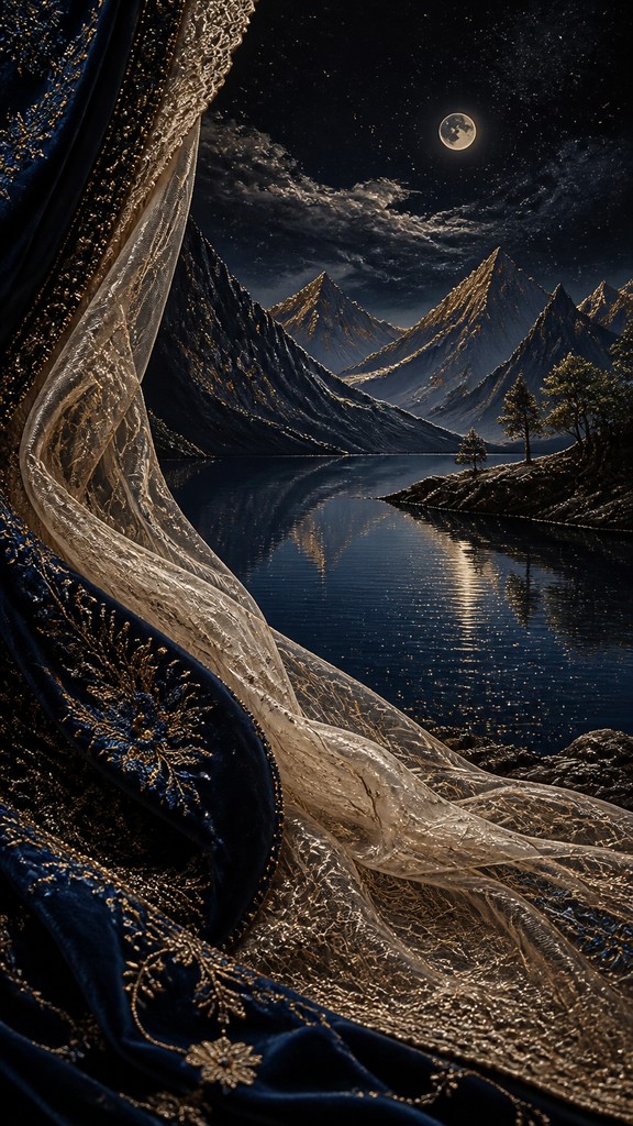 a tranquil mountain lake beneath a starry night sky, no people, no text — Haute Couture Fashion Design phone wallpaper