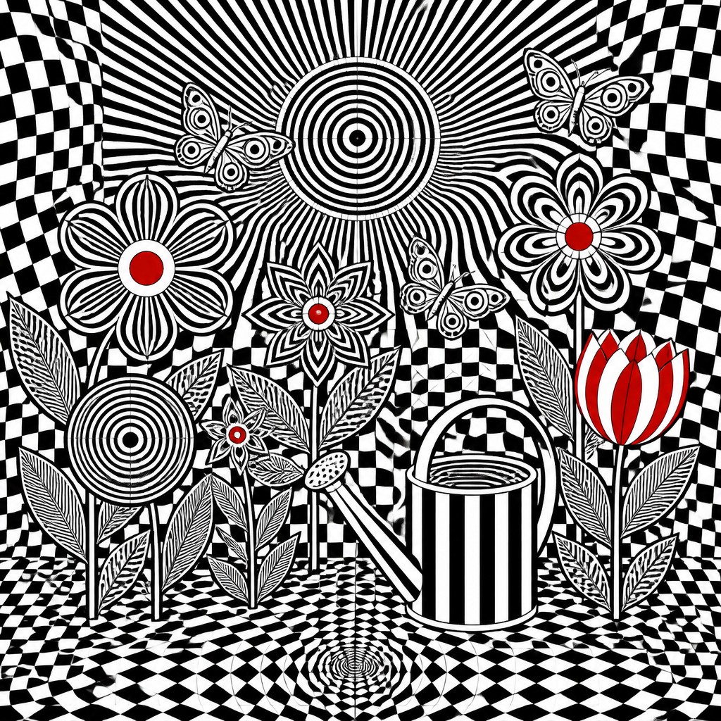 a garden scene with butterflies, flowers and a watering can, clean uncolored line art, no text — Op Art Style coloring page