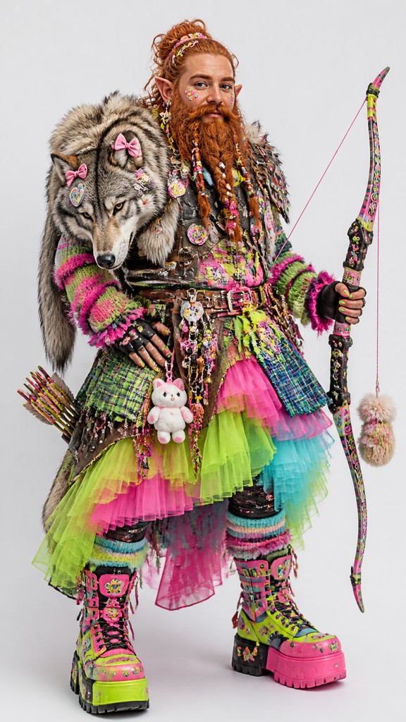 full-body original character: a dwarven ranger with a braided auburn beard, worn leather armor, a longbow and a wolf-pelt cloak, neutral background, no text — Harajuku Fashion Style tabletop character portrait