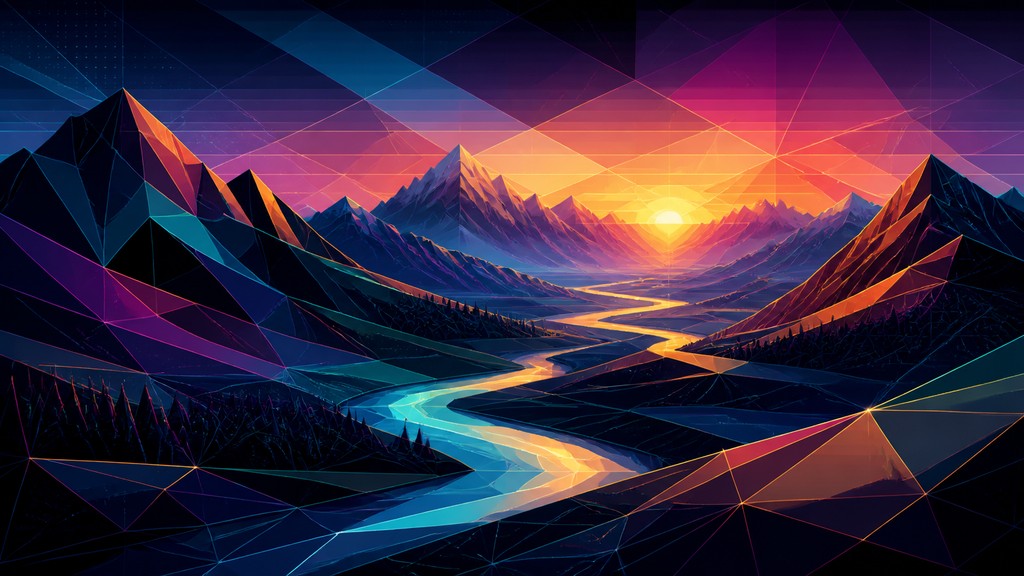 a vast valley with a river winding toward distant mountains at sunrise, no people, no text — Digital Geometric Art desktop wallpaper