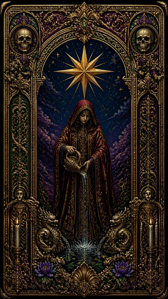 a robed figure pouring water beneath a large eight-pointed star in a night sky, symmetrical composition with an ornate decorative border, no text — Victorian Architecture Art tarot card