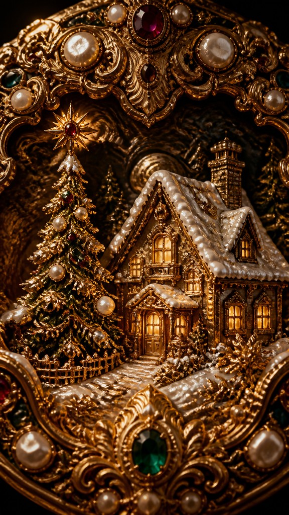 a snow-covered cottage with warm glowing windows beside a decorated pine tree, gentle snowfall, no text — Baroque Jewelry Style Christmas card