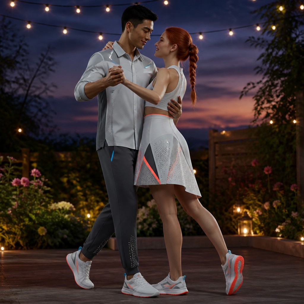 an original couple dancing under string lights in a garden at dusk: a man with short black hair in a linen shirt and a woman with braided red hair in a summer dress — Athleisure Fashion Design couple portrait