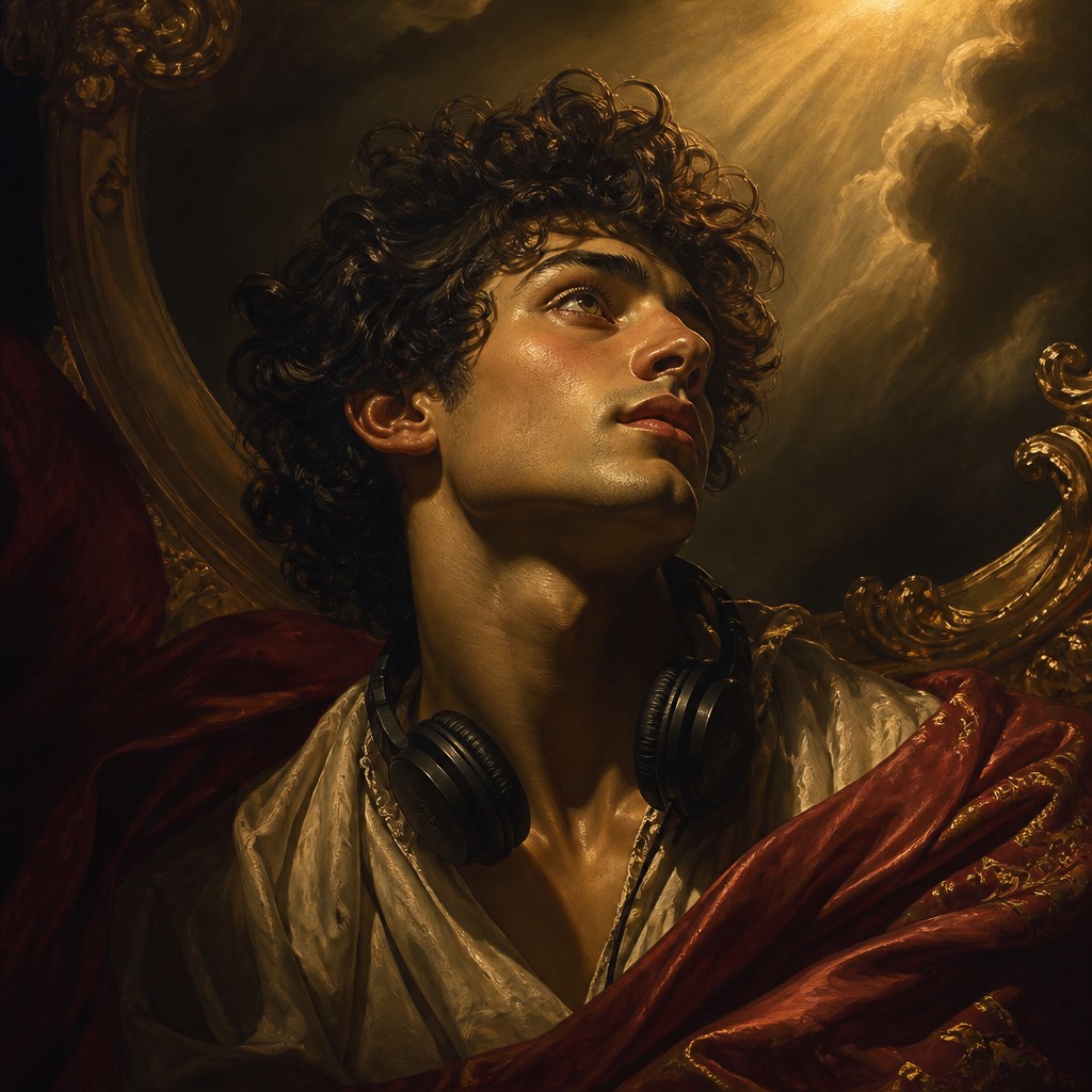 head-and-shoulders portrait of an original character: a young man with curly dark hair and headphones around his neck, plain backdrop, no text — Baroque Religious Art Discord profile picture