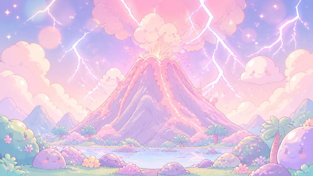 an erupting volcano with lightning strikes, dramatic wide composition, no text — Kawaii Pastel Anime Art Style YouTube thumbnail