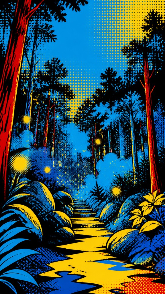 a mysterious forest path with fireflies and drifting mist, atmospheric vertical composition with open space at the top, no text — Advertisement Pop Art Style book cover
