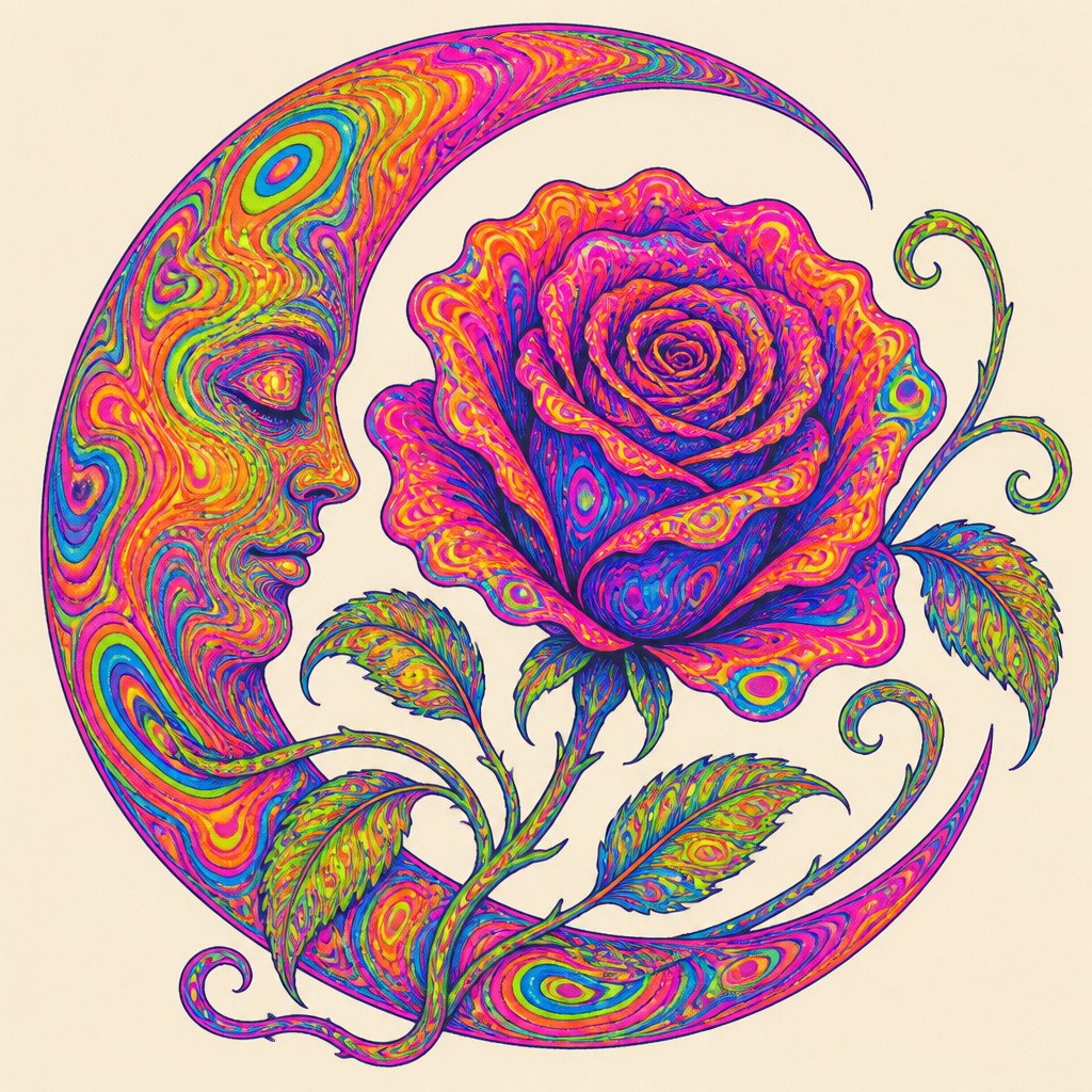 a rose entwined with a crescent moon, clean balanced composition on a plain background, no text — Psychedelic Art Style tattoo design