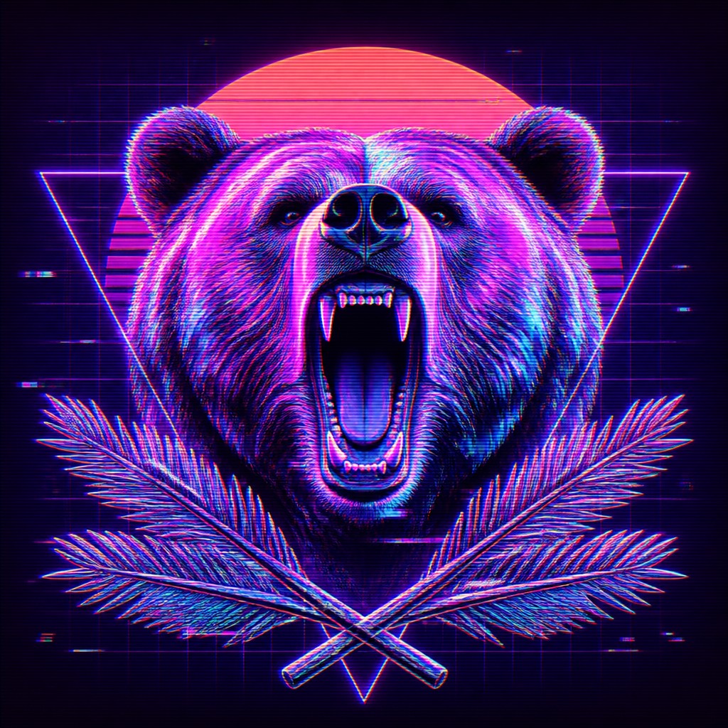 a roaring bear head above crossed pine branches, bold graphic composition on a plain background, no text — Vaporwave Art Style t-shirt design