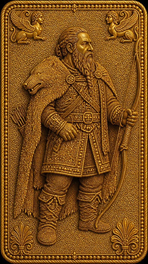 full-body original character: a dwarven ranger with a braided auburn beard, worn leather armor, a longbow and a wolf-pelt cloak, neutral background, no text — Etruscan Granulation Jewelry Style tabletop character portrait