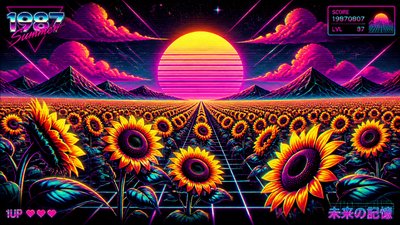 an endless field of sunflowers under summer clouds, no people — 80s Retro Aesthetic wallpaper