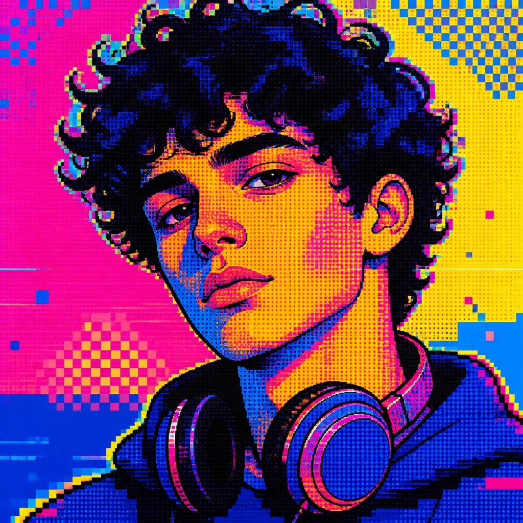 head-and-shoulders portrait of an original character: a young man with curly dark hair and headphones around his neck, plain backdrop, no text — Digital Pop Art Style Discord profile picture