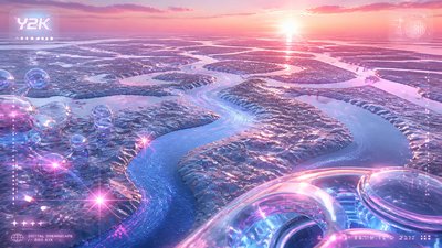 a wide river delta seen from above at sunset, no people — Y2K Aesthetic wallpaper