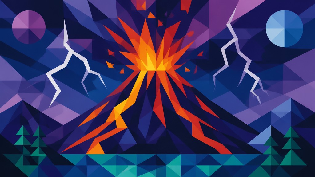 an erupting volcano with lightning strikes, dramatic wide composition, no text — Geometric Abstract Art Style YouTube thumbnail