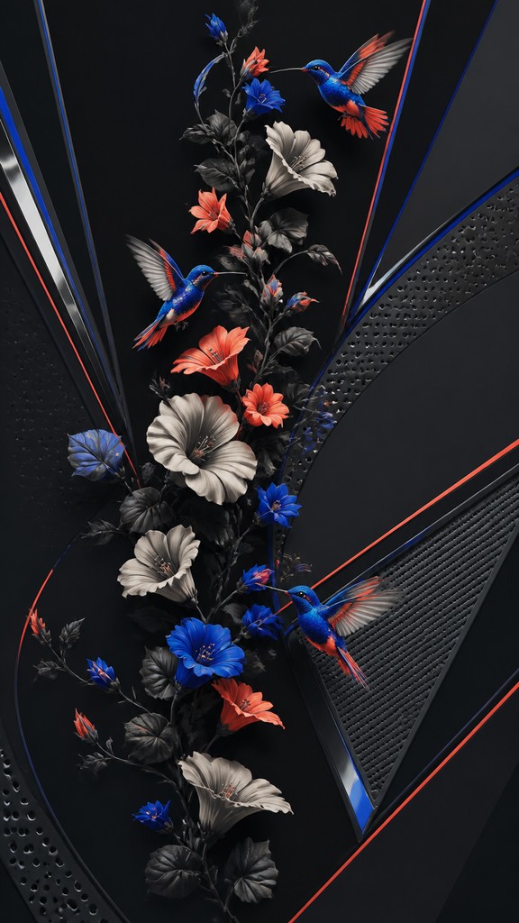a climbing vine of flowers and hummingbirds on a dark background, tall wrapping composition, no text — Athleisure Fashion Design phone case design