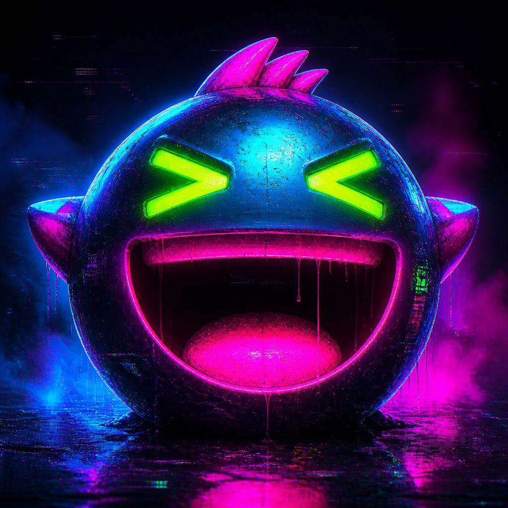 an exaggerated laughing face of an original round mascot character, bold and readable at small size, plain background, no text — Cyberpunk Art Style Twitch emote