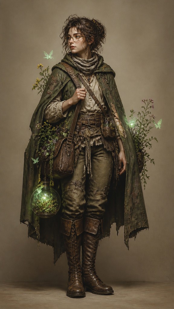 full-body original character: a wandering botanist with a satchel of plants, a patched green cloak, tall boots and round glasses, neutral background — Magical Realism Art Style character design