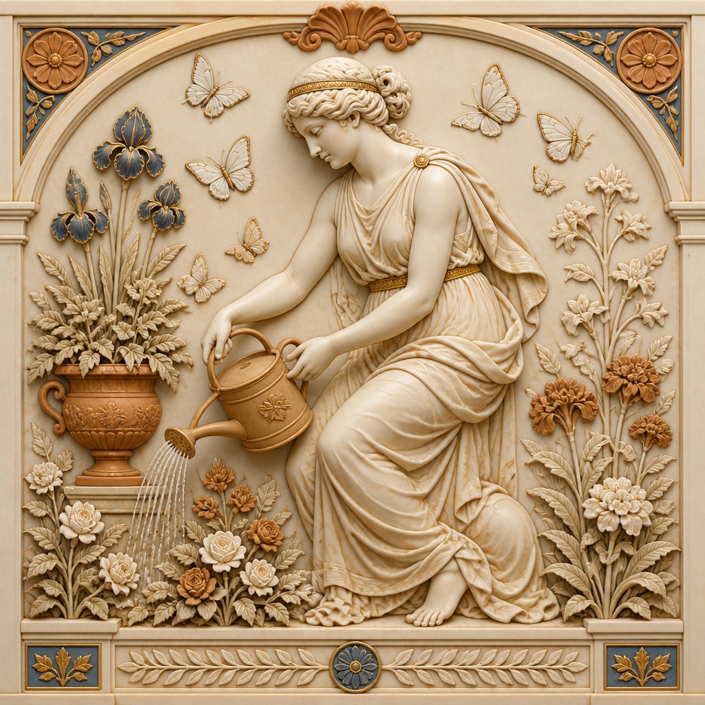 a garden scene with butterflies, flowers and a watering can, clean uncolored line art, no text — Ancient Greek Classical Art Style coloring page