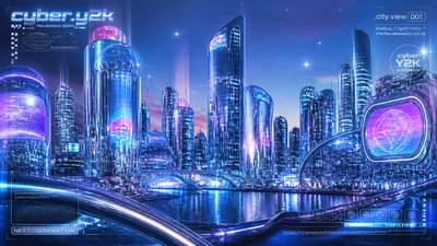 a city skyline panorama at dusk with glowing windows, no people — Cyber Y2K Aesthetic wallpaper