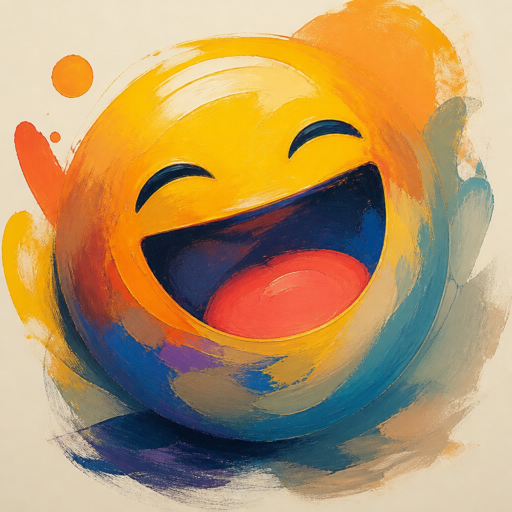 an exaggerated laughing face of an original round mascot character, bold and readable at small size, plain background, no text — Abstract Landscape Art Style Twitch emote