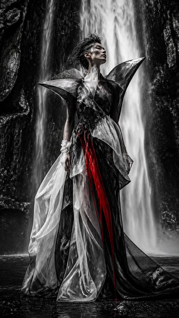 towering waterfall cascading down a cliff — Avant-Garde Fashion Design