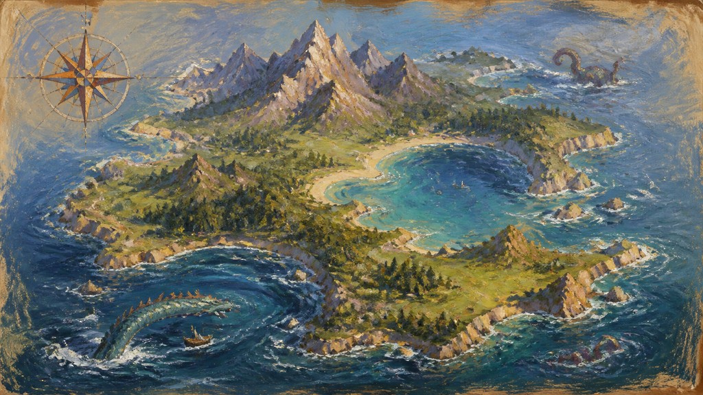 a map of an island realm with mountains, forests, a sheltered bay, sea monsters in the water and a compass rose, no text labels — Plein Air Landscape Art Style fantasy map