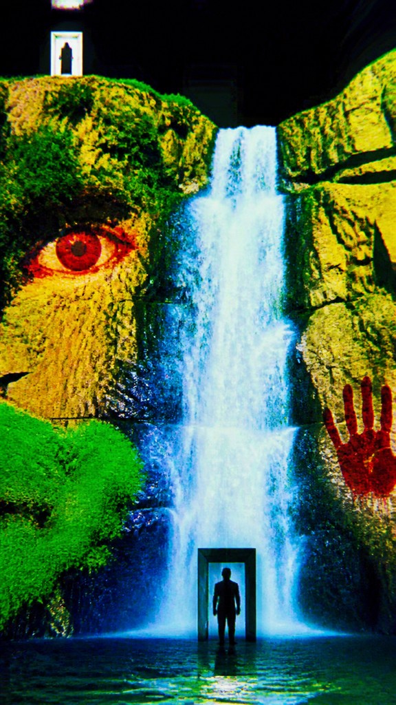 towering waterfall cascading down a cliff — Weirdcore Aesthetic