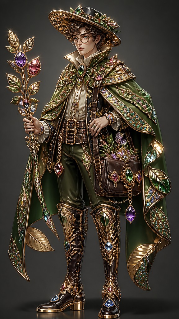 full-body original character: a wandering botanist with a satchel of plants, a patched green cloak, tall boots and round glasses, neutral background — Statement Jewelry Design character design