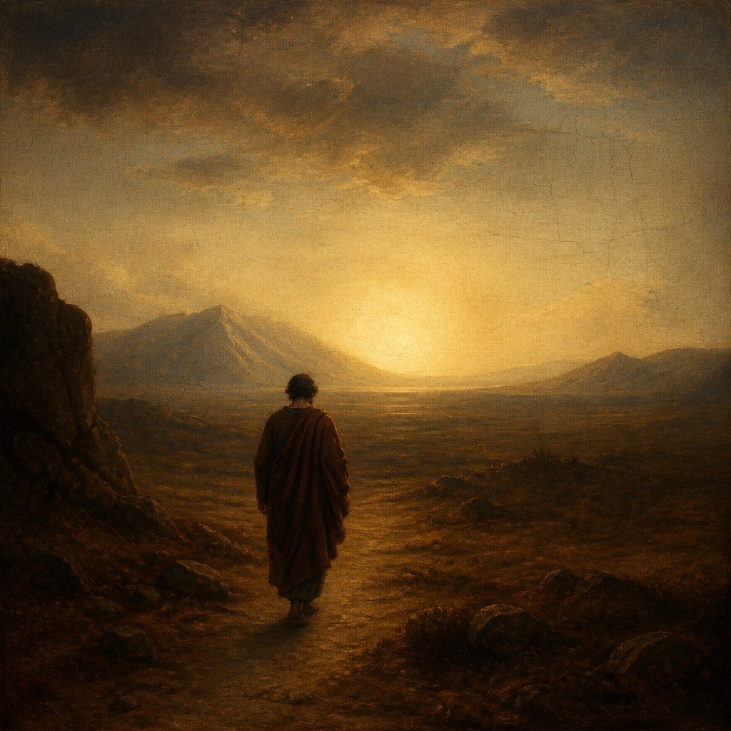 a solitary figure walking toward a glowing horizon across an empty plain, moody atmosphere, no text or lettering — Renaissance Classical Art Style album cover