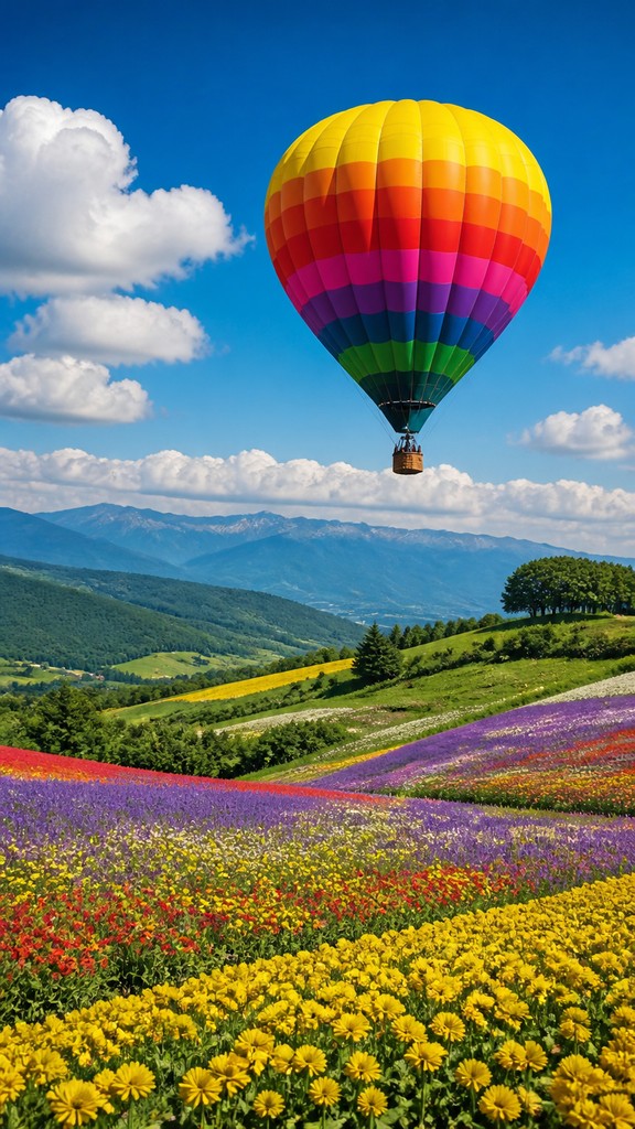 a hot air balloon drifting over rolling flower fields on a sunny day, cheerful, no text — Photorealistic Figurative Art Style greeting card