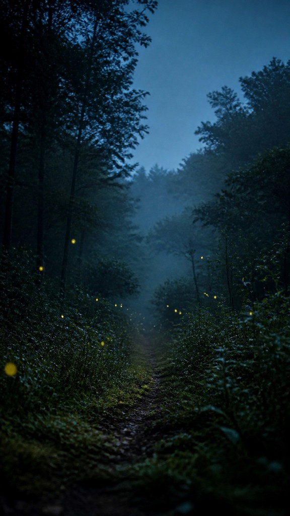 a mysterious forest path with fireflies and drifting mist, atmospheric vertical composition with open space at the top, no text — Photographic Realism Art Style book cover