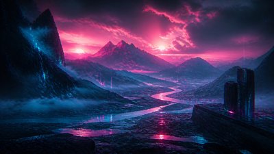a vast valley with a river winding toward distant mountains at sunrise, no people, no text — Cyberpunk Sci-Fi Art wallpaper