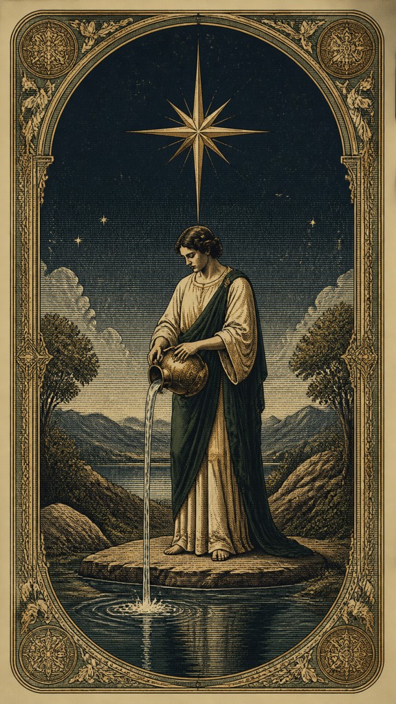 a robed figure pouring water beneath a large eight-pointed star in a night sky, symmetrical composition with an ornate decorative border, no text — Old Money Fashion Style tarot card