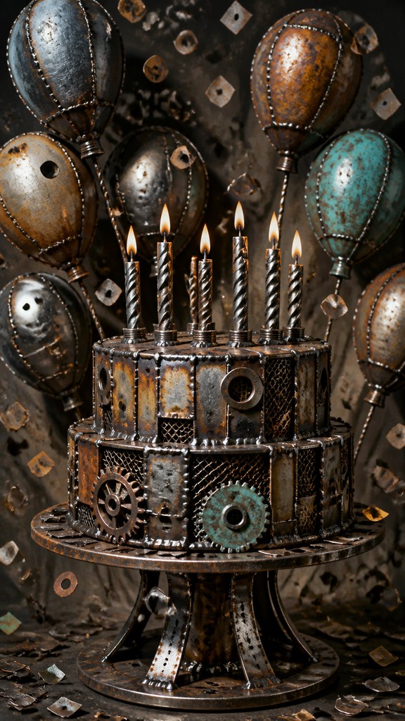 a birthday cake with lit candles surrounded by balloons and confetti, festive vertical composition, no text — Metal Assemblage Sculpture Art Style birthday card