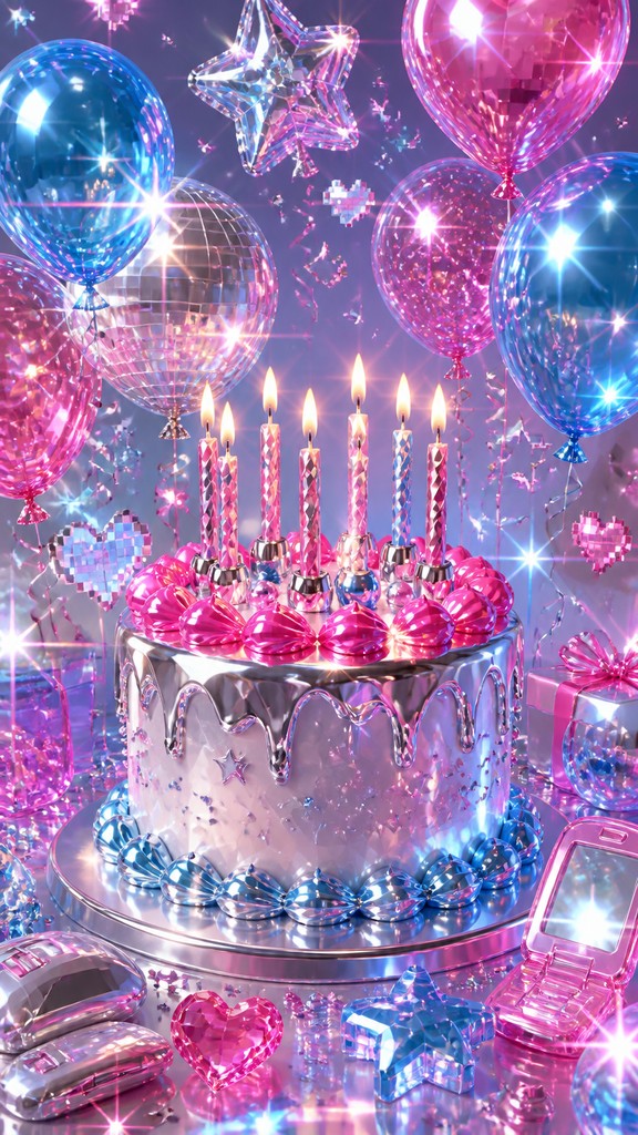 a birthday cake with lit candles surrounded by balloons and confetti, festive vertical composition, no text — Y2K Aesthetic birthday card