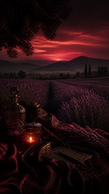 a field of lavender stretching to distant hills at dusk, no people — Dark Feminine Aesthetic wallpaper