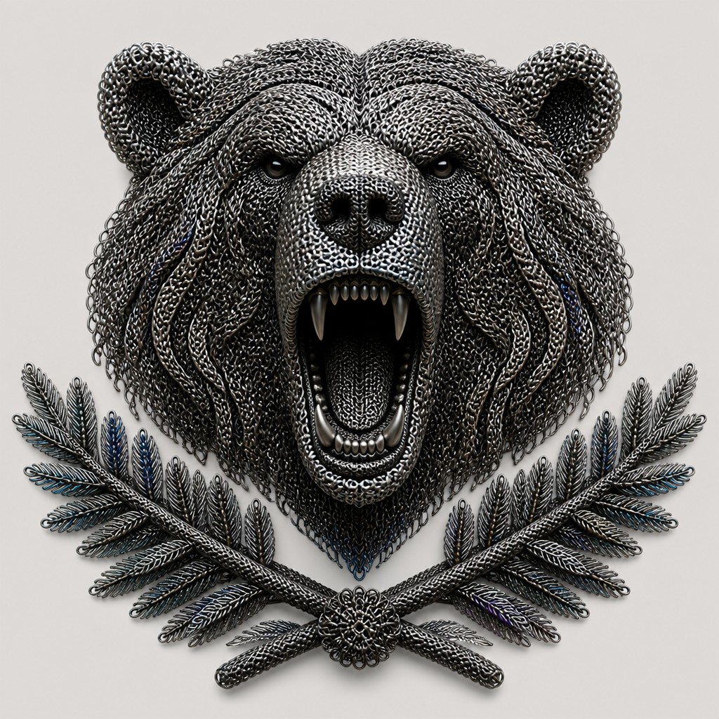 a roaring bear head above crossed pine branches, bold graphic composition on a plain background, no text — Chainmail Jewelry Style t-shirt design