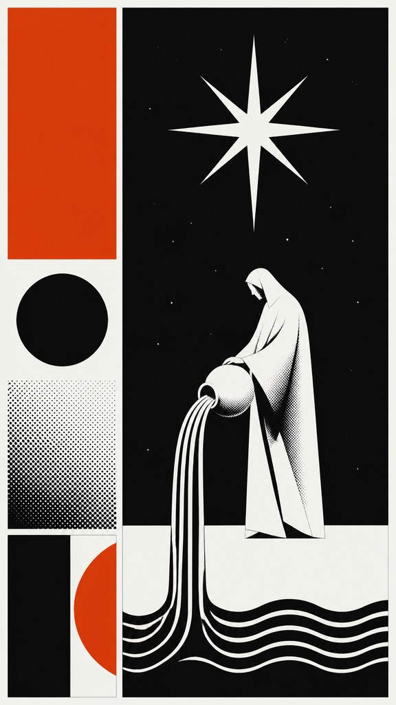 a robed figure pouring water beneath a large eight-pointed star in a night sky, symmetrical composition with an ornate decorative border, no text — Swiss Style Poster Design tarot card