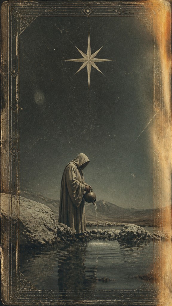 a robed figure pouring water beneath a large eight-pointed star in a night sky, symmetrical composition with an ornate decorative border, no text — Land/Environmental Conceptual Art Style tarot card