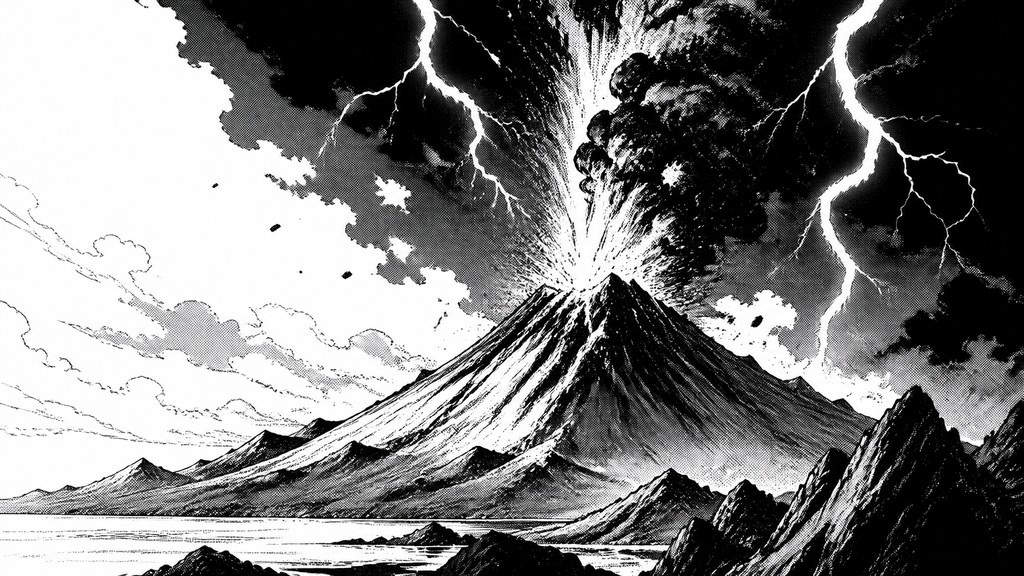 an erupting volcano with lightning strikes, dramatic wide composition, no text — Manga Art Style YouTube thumbnail