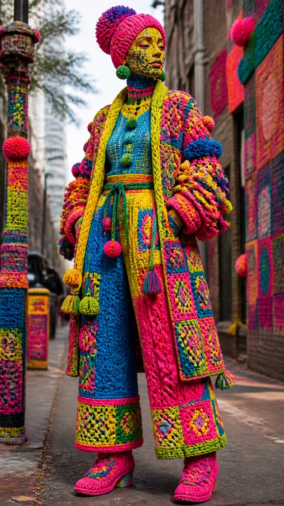 full-length portrait of an elegant figure — Yarn Bombing Street Art Style